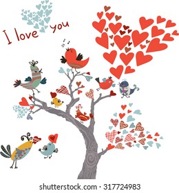 Cute card with birds and heart on a tree in cartoon-style