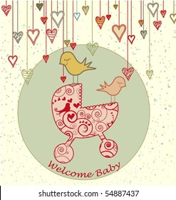 A cute card with birds holding a stroller and hanging hearts.
