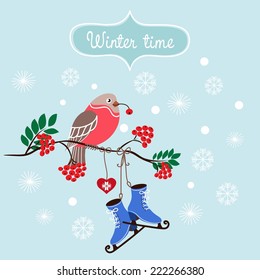Cute card with birds and skates. Winter background.