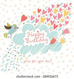 Cute card to the birthday. Vector graphics with a birds, flowers, clouds and hearts.