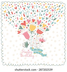 Cute card to the birthday. Vector graphics with a birds, flowers, confetti and hearts.