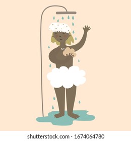 Cute card with a black woman having a shower standing  with body sponge  - on the pink background. Cartoon vector illustration for poster or t-shirt. 
