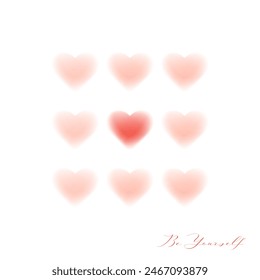 Cute Card with Blurred Hearts and Lettering. Love yourself, self care, self acceptance concept. One Heart Stands Out Among Rest. Aesthetic symbol, logo. Vector postcard, valentines card.