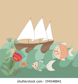 Cute card with boat, fishes, waves and flowers