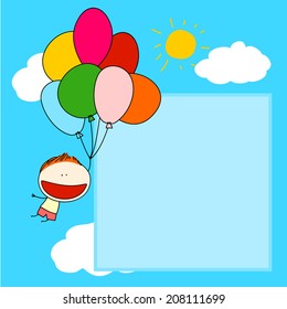 Carta corta con un niño volando con un montón de globos