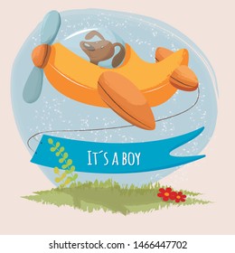 Cute card it´s a boy with little puppy on a plane. Vector illustration