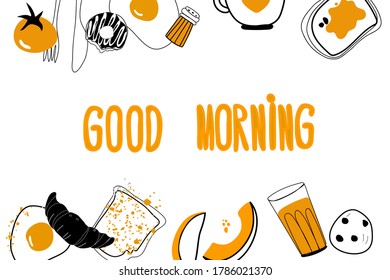 Cute card. Breakfast. Various elements of scrambled eggs, tomato, toast, coffee, fruits. Linear drawing style. Design for banner, card, placard, brochure 