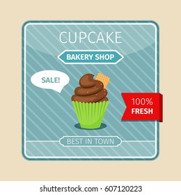 Cute card brown cupcake with gaufre, vector illustration