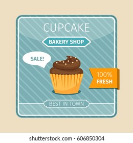 Cute card brown cupcake with white chocolate, vector illustration