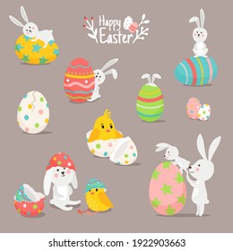 Carta con bollos y huevos. Personajes de caricatura del feliz día de Pascua, conejos y pollos divertidos, decoraciones de ilustraciones vectoriales y elementos del día de primavera