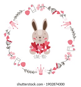 Cute card with a bunny with many hearts in a round border frame. Vector illustration for valentine's day in flat trendy style for printing or digital use.