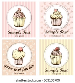 Cute Card with Cakes and Desserts - for your design and scrapbook in vector. Set of cake cards template