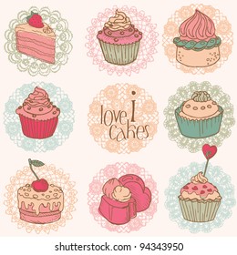 Cute Card with Cakes and Desserts - for your design and scrapbook in vector