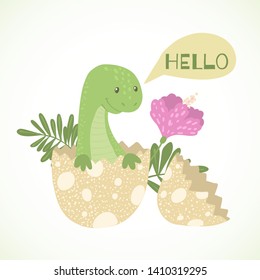 Cute card with cartoon baby dinosaur hatching from egg. Little dino for t-shirt, kids apparel, poster, nursery or etc. Vector illustration.