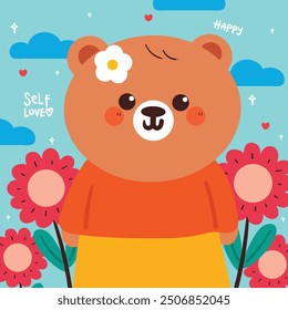 cute card with cartoon bear and flower. animal card with spring vibes