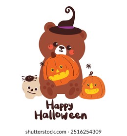 cartão bonito com urso de desenho animado para halloween. papel de parede bonito halloween e cartão