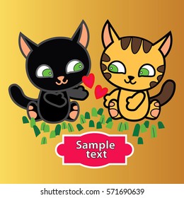 Cute card with cartoon beloved cats. Love kittens, cats in love. Funny amorous scene. Valentines day card on golden background