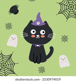 Cute card with cartoon cat wearing a witch hat for halloween. cute halloween wallpapers and cards