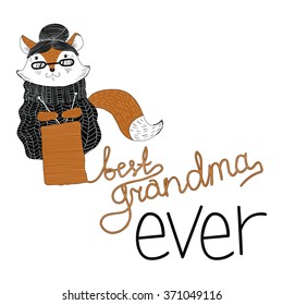 Cute card. Cartoon cat-grandmother with warm pullover in graphic style