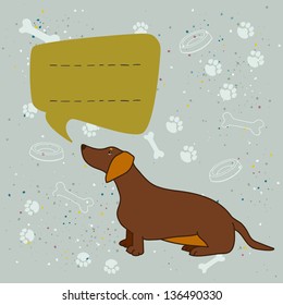 Cute card with cartoon dog and speech bubble. Sitting dachshund, sausage dog. Hand drawn vector illustration.