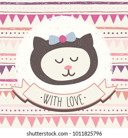 Cute card with cartoon face of cat. With love text in vector. Hand drawn geometric background with horizontal strips, dots and triangles