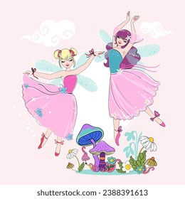 Cute card with cartoon fairies and mushrooms. Vector illustration for children