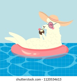 Cute card with cartoon llama with hat. Alpaca in inflatable tube with coconut cocktail. Vector illustration