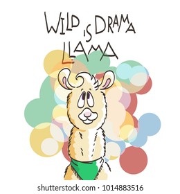 Cute card with cartoon llama. Motivational and inspirational quote. Doodling illustration. Wild is drama, llama