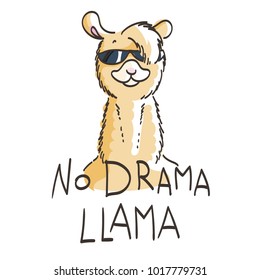 Cute card with cartoon llama. Motivational and inspirational quote. Doodling illustration. No drama, llama