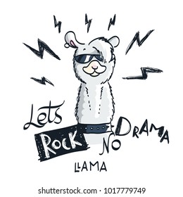 Cute card with cartoon llama. Motivational and inspirational quote. Doodling illustration. Lets rock, no drama, llama