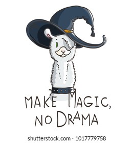 Cute card with cartoon llama. Motivational and inspirational quote. Doodling illustration. Make magic, no drama, llama