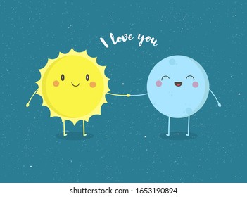 Cute card with cartoon moon and sun. Cosmic vector. Lettering - I Love You.