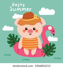 cute card with cartoon pig at the beach. animal card with summer vibes