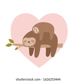 Cute card with cartoon sloth mom and baby. Happy Mother's Day. 