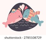 Cute card with cartoon whales. Two whales in love for Valentine