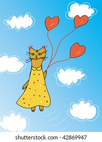 Cute card with cat and balloons in the sky