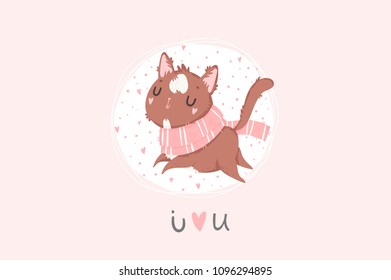 Cute card with cat. Pink, blue greeting card with cat, pattern and text. Vector illustration