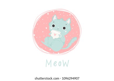 Cute card with cat. Pink, blue greeting card with cat, pattern and text. Vector illustration