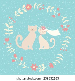 Cute card with cats in love. Ideal for scrap booking, celebration card, wedding invitation.