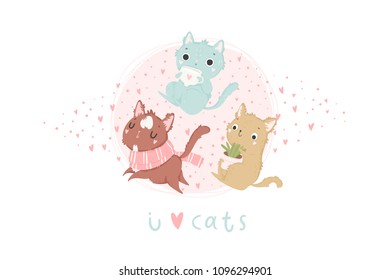 Cute card with cats. Pink, blue greeting card with cats, pattern and text. Vector illustration