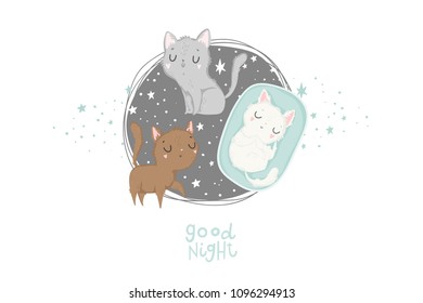 Cute card with cats. Pink, blue greeting card with cats, pattern and text. Vector illustration