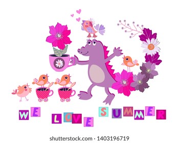 Cute card with cheerful croc, flowers, little funny birds, pink hearts and text 'We love summer" on white background.