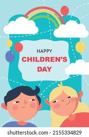 Cute card for children's day. Girl and boy look at the rainbow.
Clouds and balloons