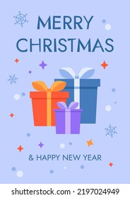 Cute card for Christmas with a bunch of gift boxes and lettering. Bows and ribbons. Vector illustration