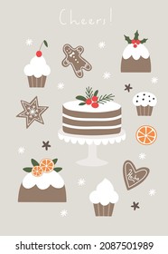 Cute card with Christmas food. Cupcake, cake, orange, biscuits. Holiday dessert.