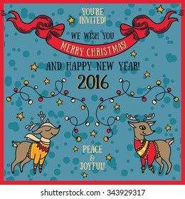 cute card for christmas and new year party, cartoon deer and christmas lights, vector illustration