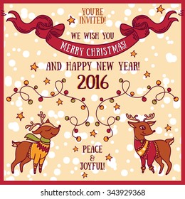 cute card for christmas and new year party, cartoon deer and christmas lights, vector illustration