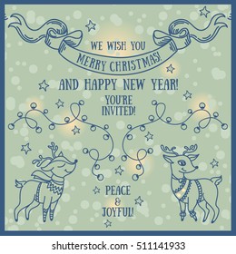 cute card for christmas and new year party, cartoon deer and christmas lights, vector illustration