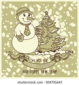 Cute card for christmas with smiling snowman, vector illustration