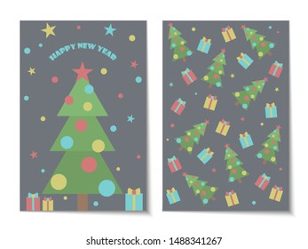Cute card with a Christmas tree and gifts. A pattern of gifts, Christmas trees and stars. And the balls! Vector illustration.
